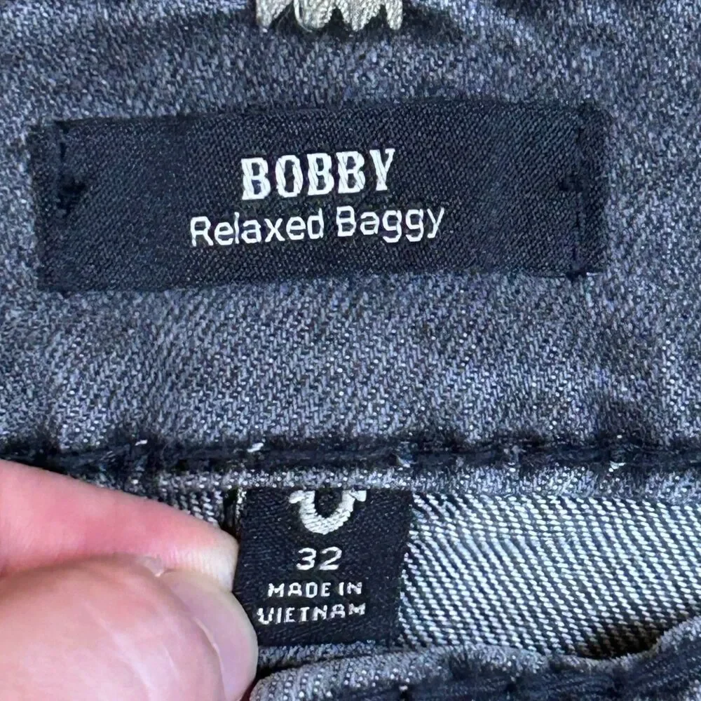 True Religion Men’s 32 Relaxed Baggy Super T Flap Jeans Grey Wash Stitch Denim